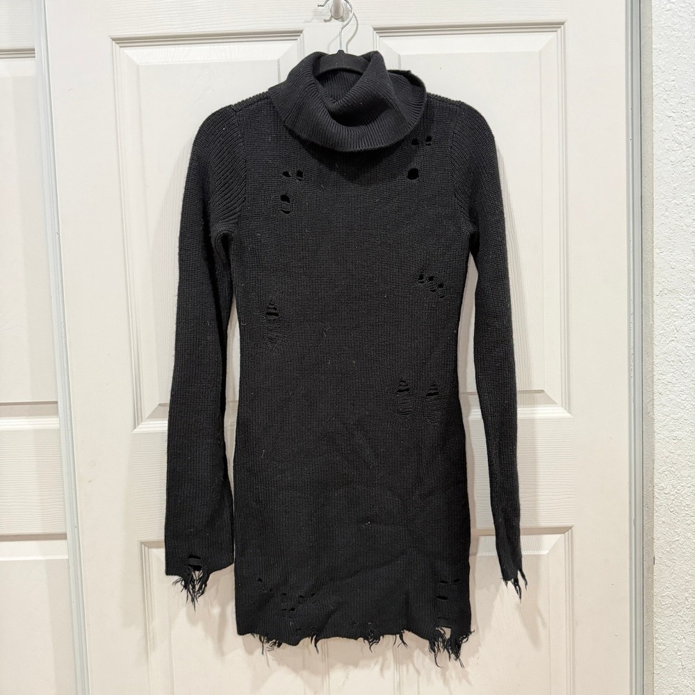 Lovers and Friends Black Distressed Turtleneck Sweater Dress Size S Keeney - Picture 3 of 10